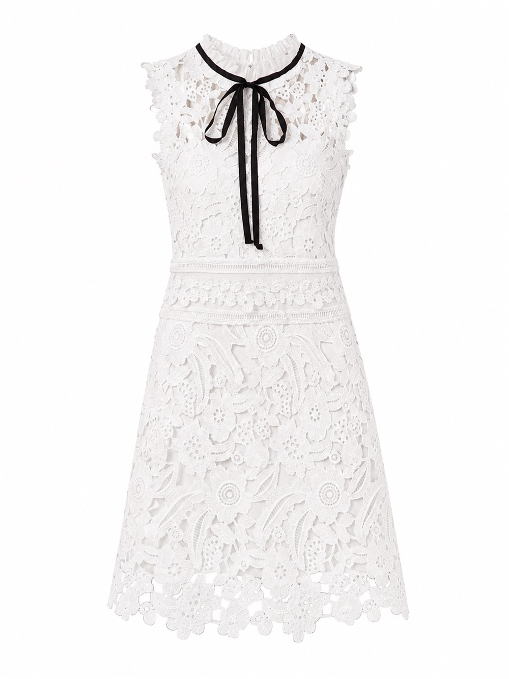 Self-Portrait | White Floral Lace Mini Dress with Black Bow | Size US 2